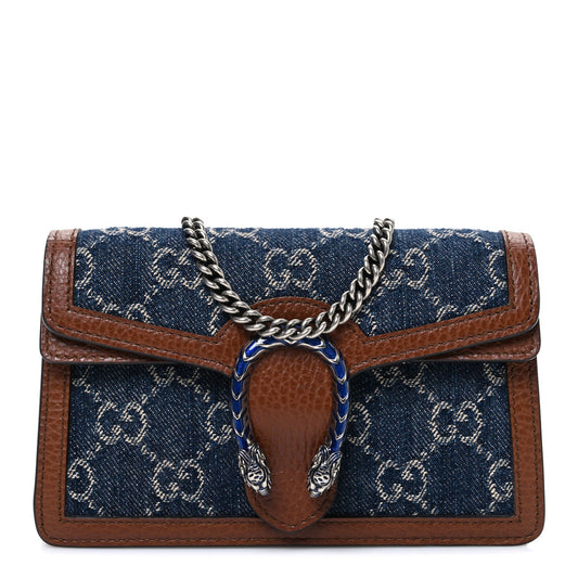 New Denim GG Monogram Dollar Calfskin Enamel Super Mini Dionysus Shoulder Bag Blue Tea Cuir Epilog Electric Blue