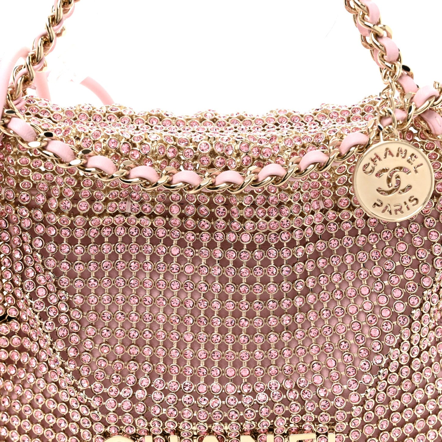 Crystal Embellished Metallic Lambskin Mini Chanel 22 Light Pink