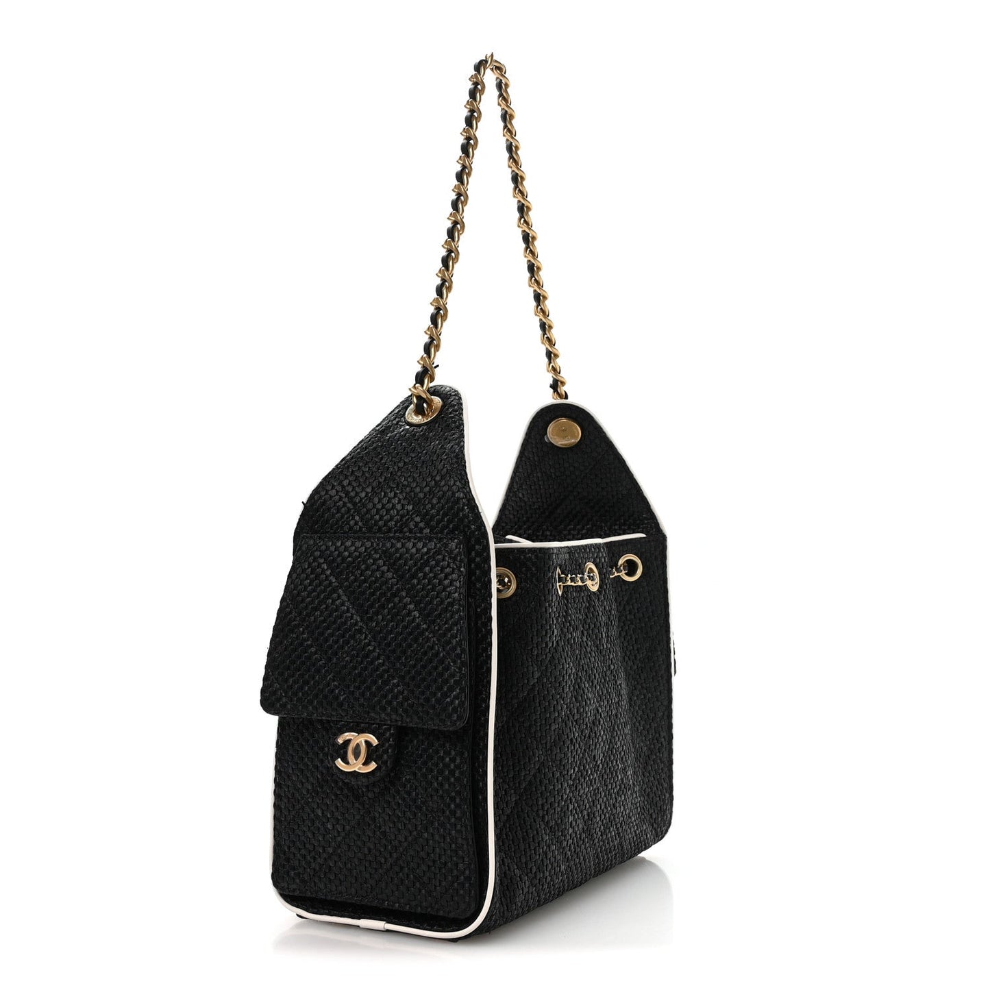 Braided Raffia Calfskin Small Chanel 25 Handbag Black White