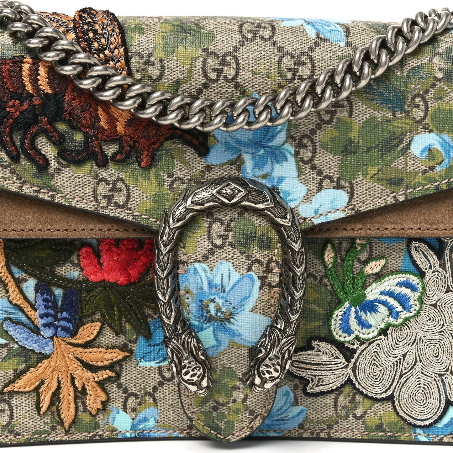 GG Supreme Monogram Blooms Print Embroidered Small Dionysus Shoulder Bag Blue Taupe