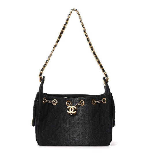 Washed Denim Quilted Mini Chanel 25 Handbag Black