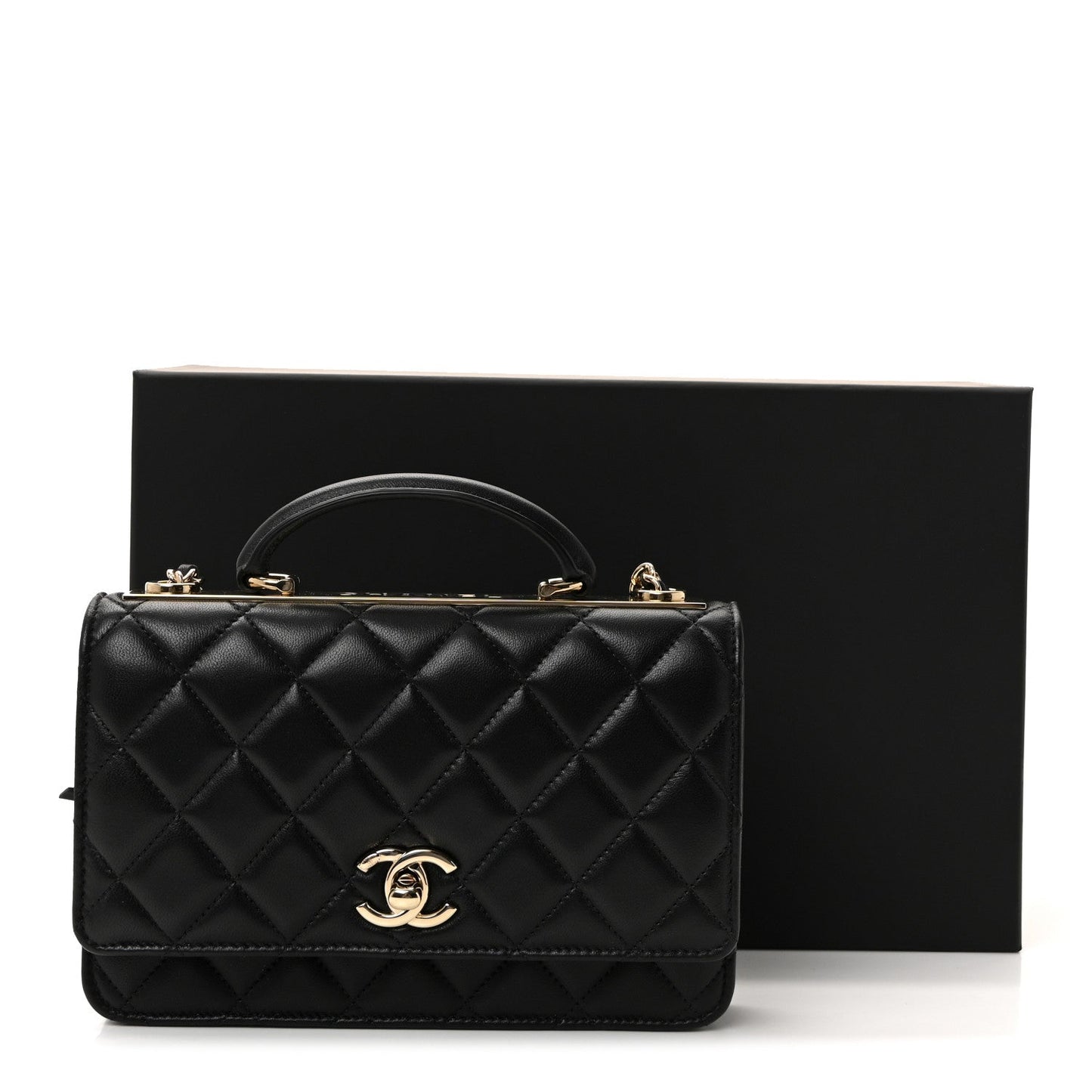 Lambskin Quilted Top Handle Trendy CC Wallet On Chain WOC Black