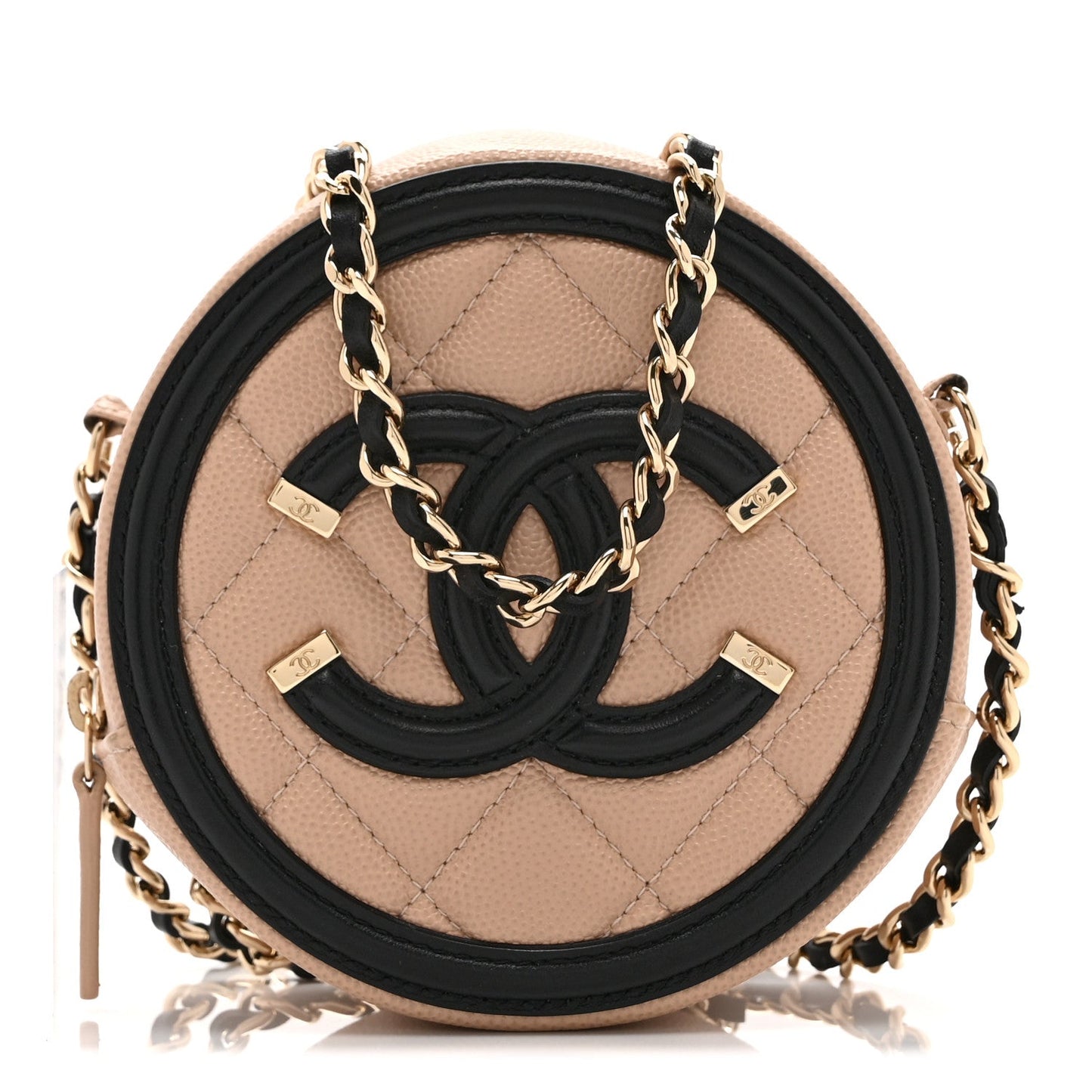 Caviar Quilted Round Filigree Crossbody Beige Black