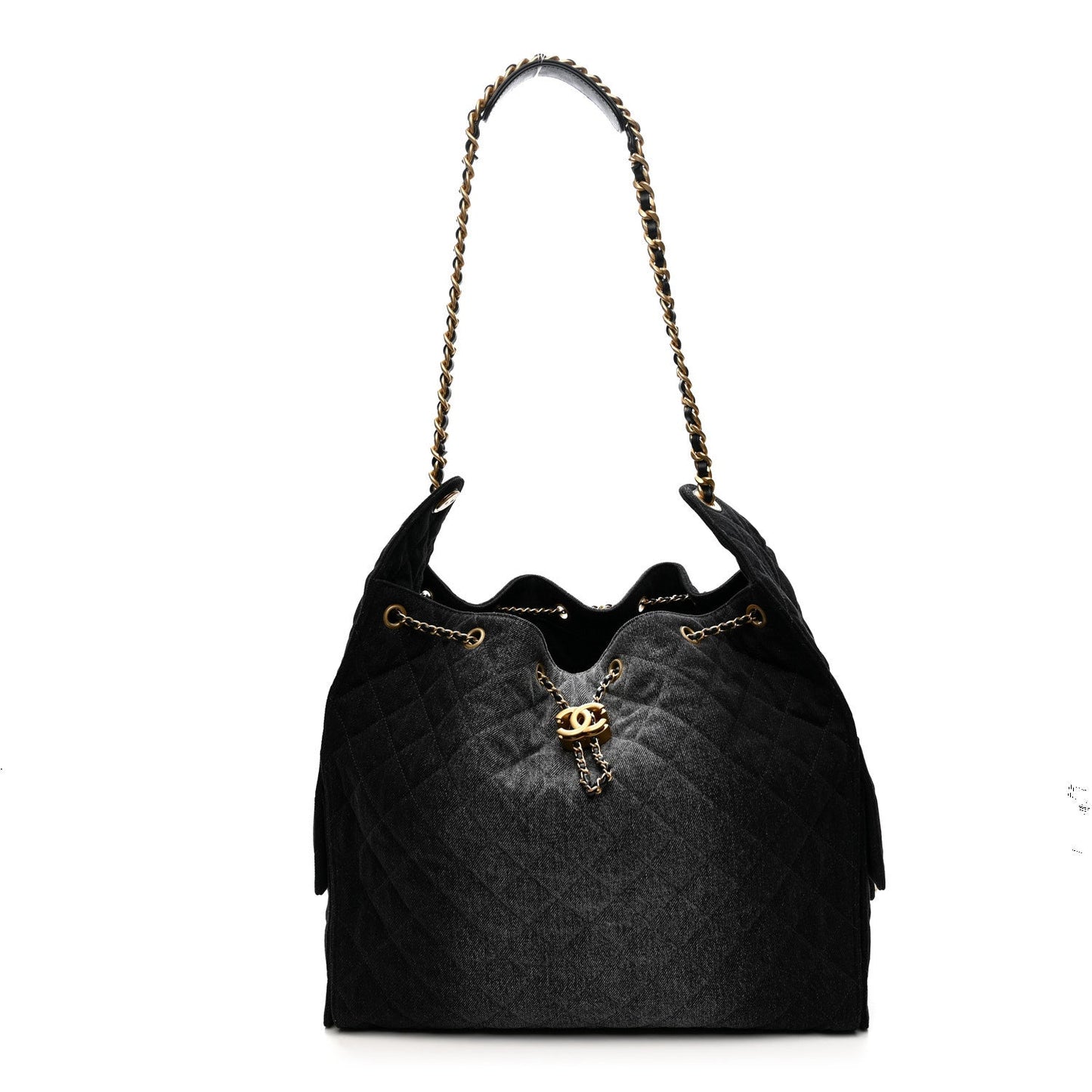 Washed Denim Quilted Large Chanel 25 Handbag Black