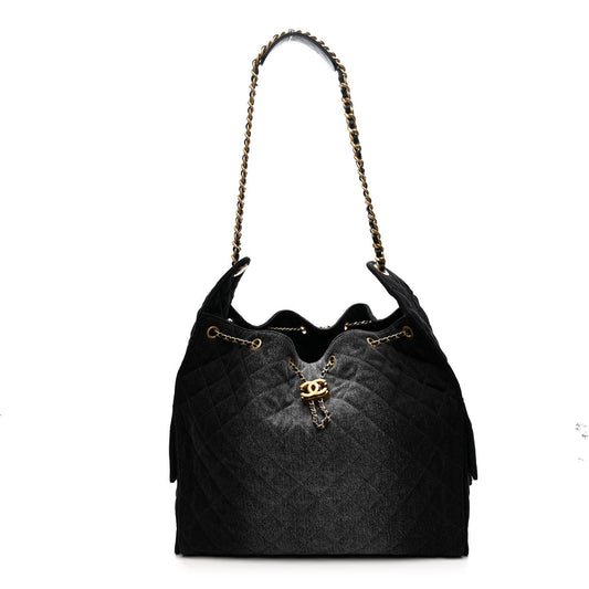 Washed Denim Quilted Large Chanel 25 Handbag Black
