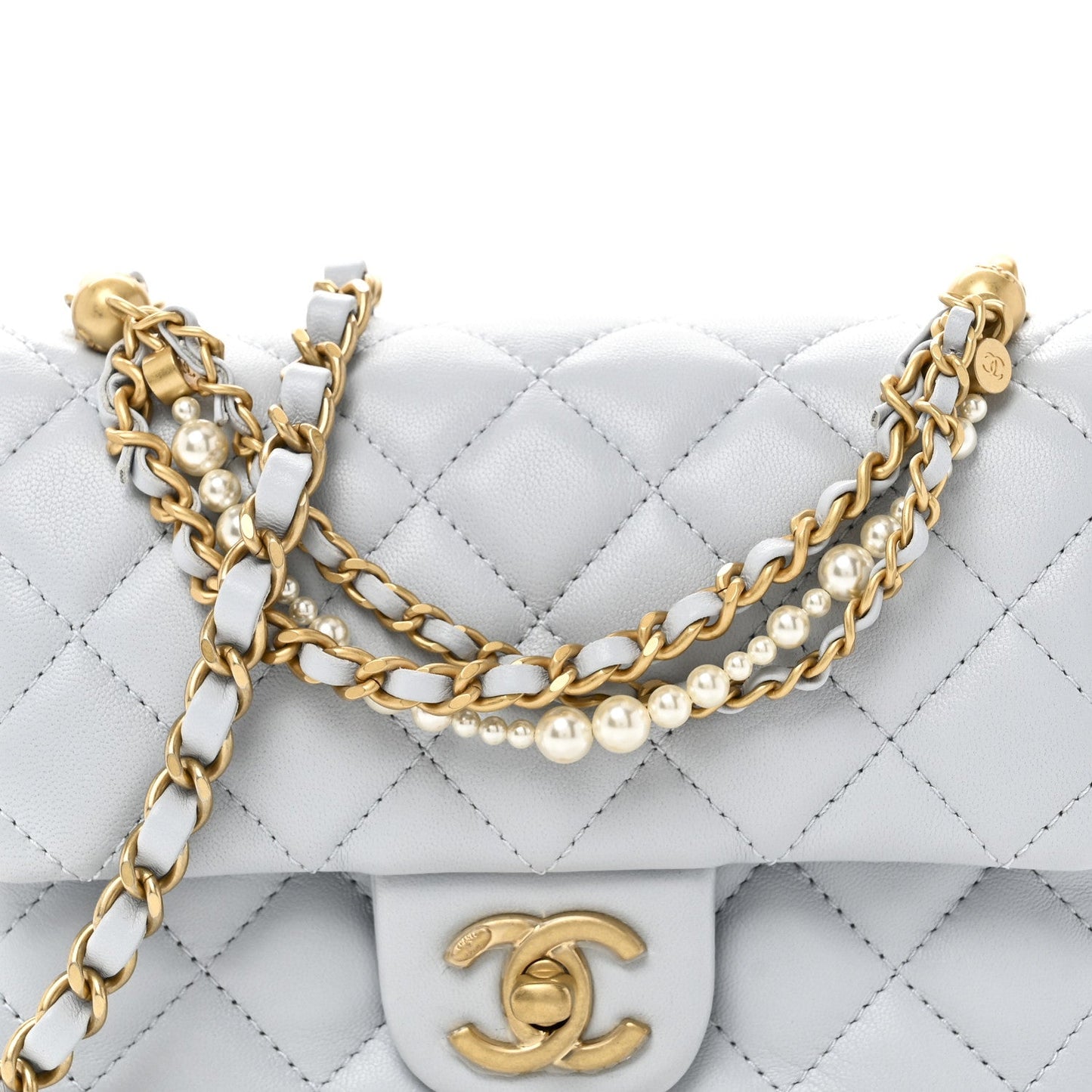Shiny Lambskin Quilted Pearl Twist Mini Square Flap Light Blue