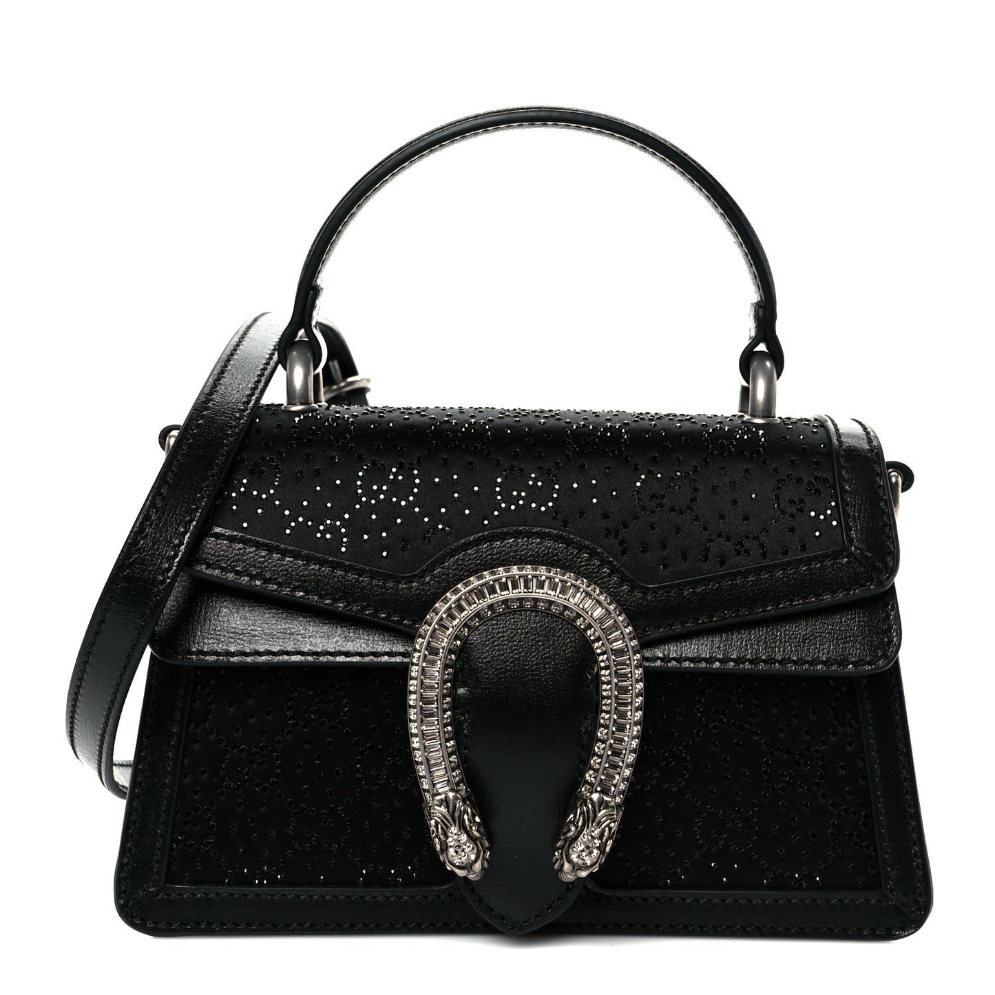 Satin Crystal GG Monogram Mini Dionysus Top Handle Bag Black