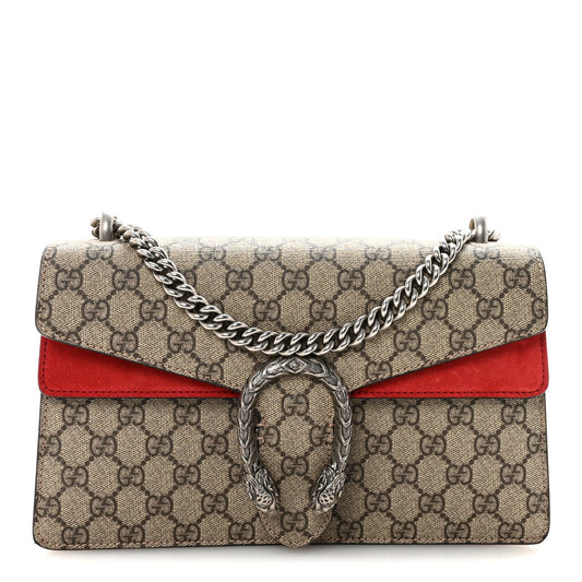 GG Supreme Monogram Suede Small Dionysus Shoulder Bag Beige Ebony Vulcanic Red