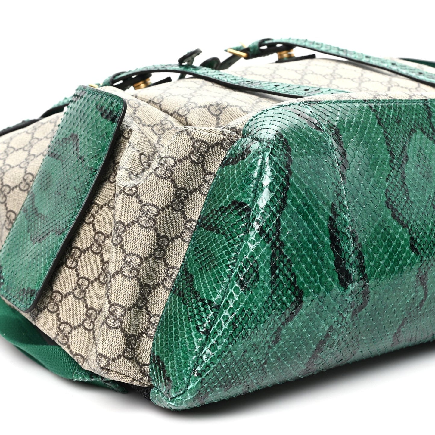 GG Supreme Monogram Snakeskin Ophidia Double Buckle Backpack Brown Green
