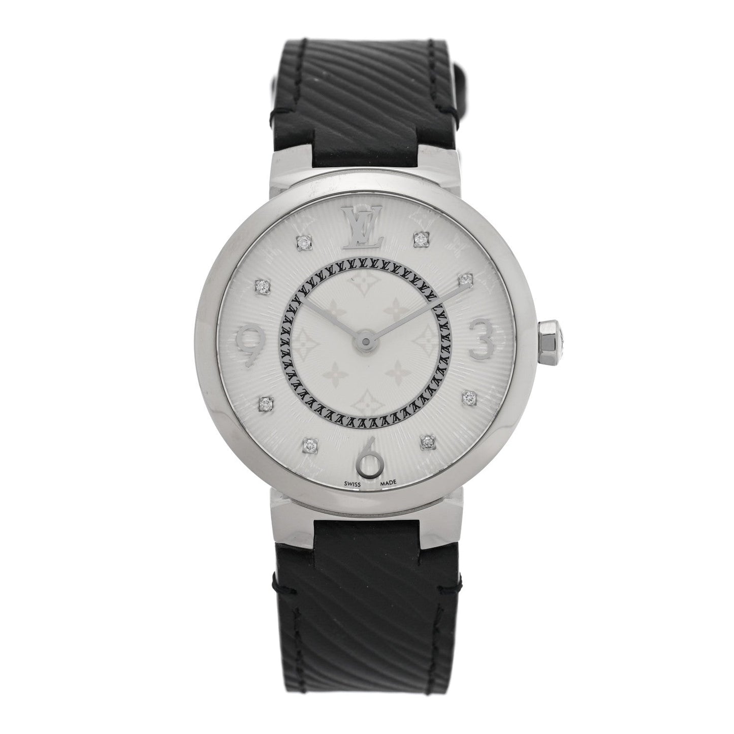 Stainless Steel Epi Diamond 33mm Tambour Slim Quartz Watch Black