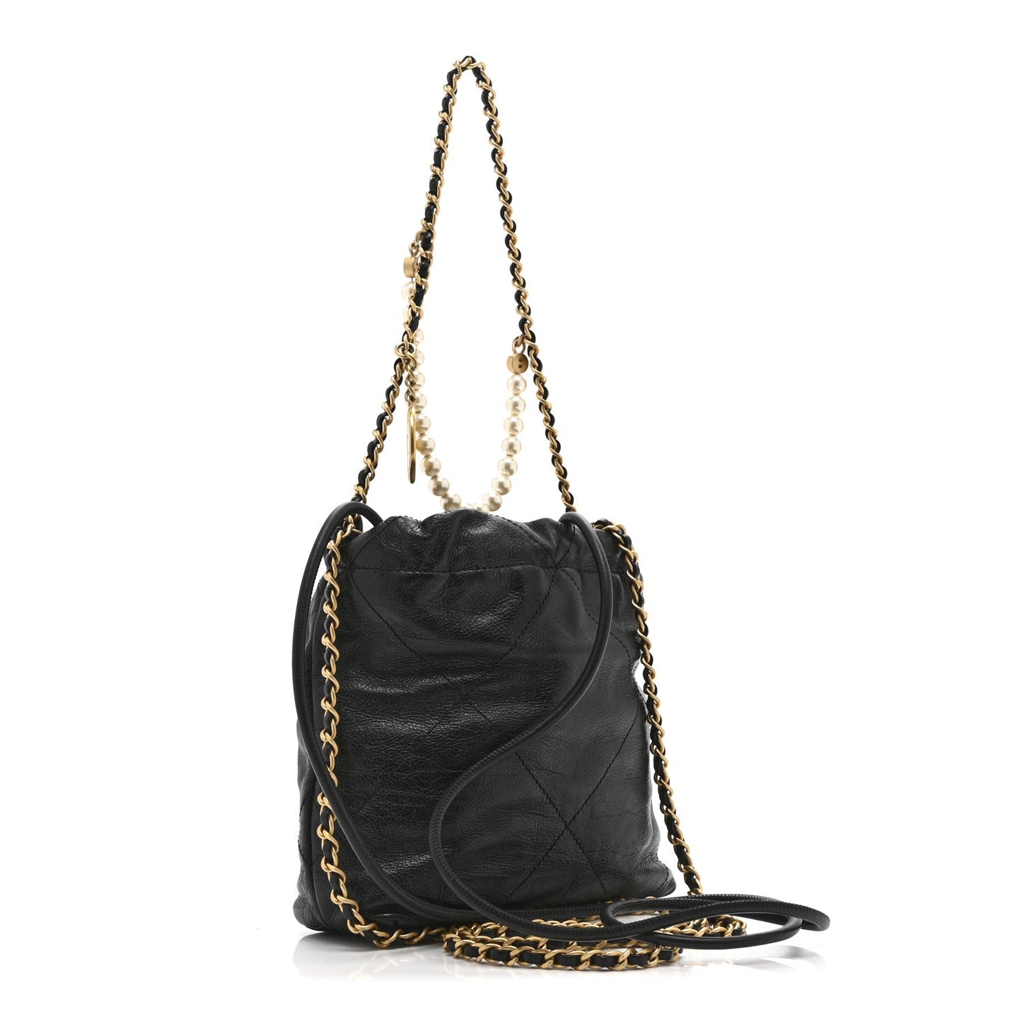 Shiny Crumpled Calfskin Quilted Pearl Mini Chanel 22 Black