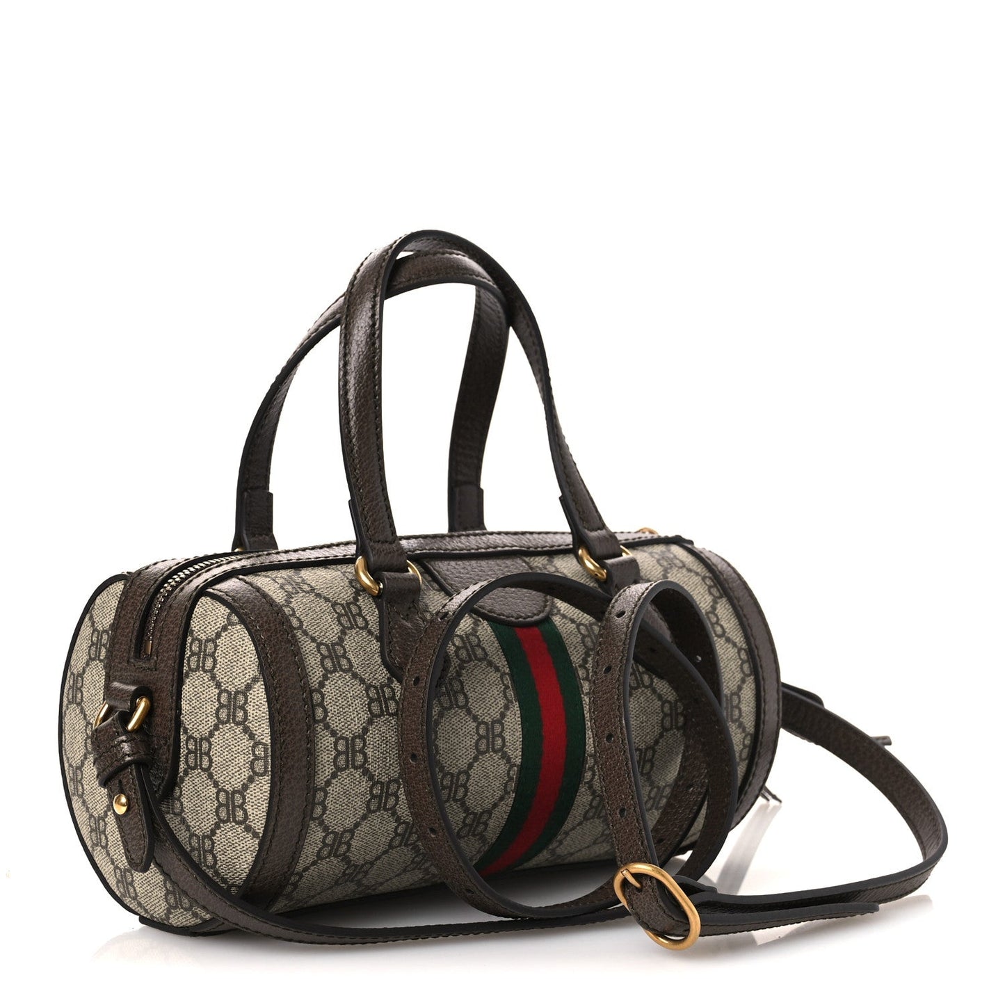 X BALENCIAGA BB Supreme Monogram Web Small Ophidia Boston Bag Beige New Acero