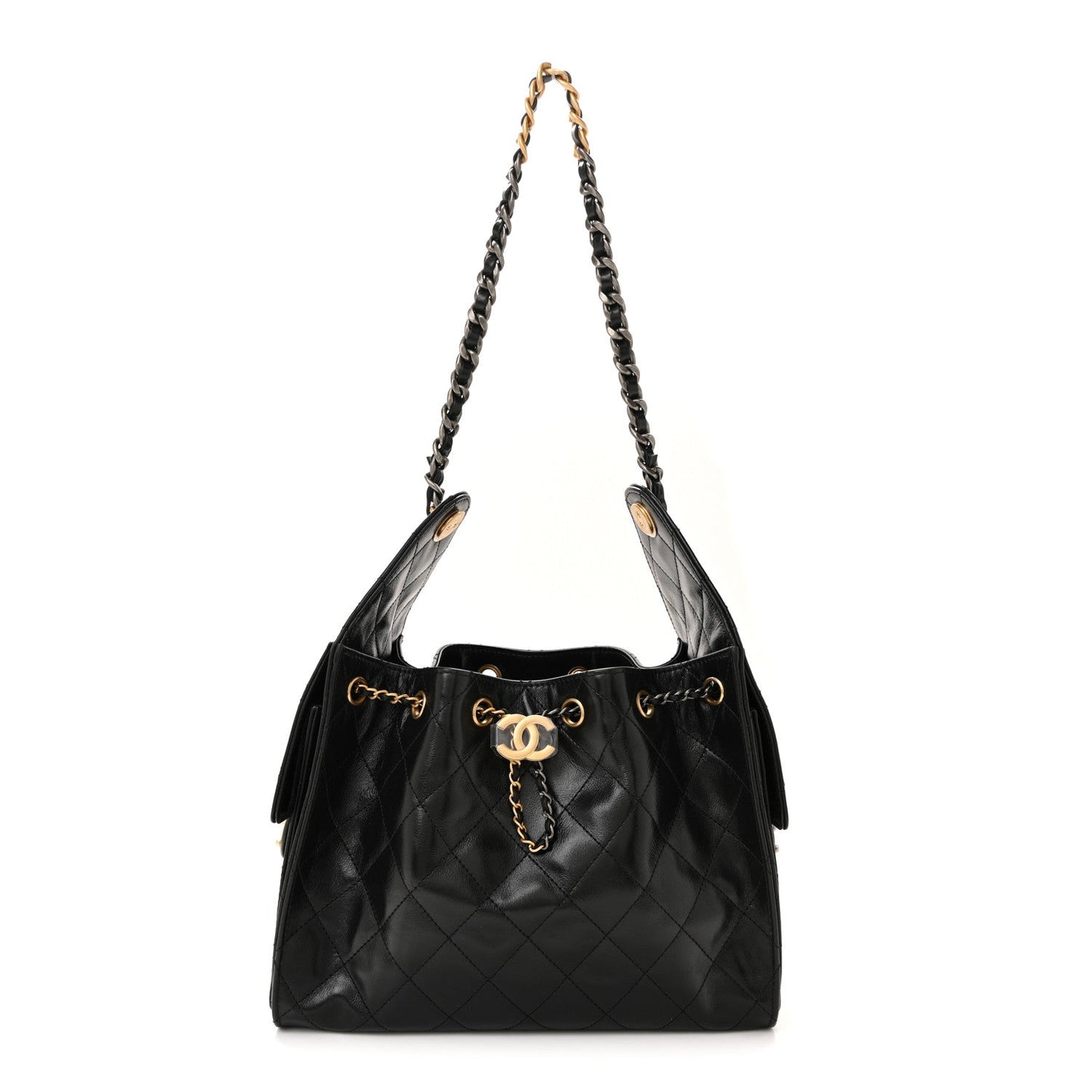 Shiny Crumpled Calfskin Quilted Small Chanel 25 Handbag Black