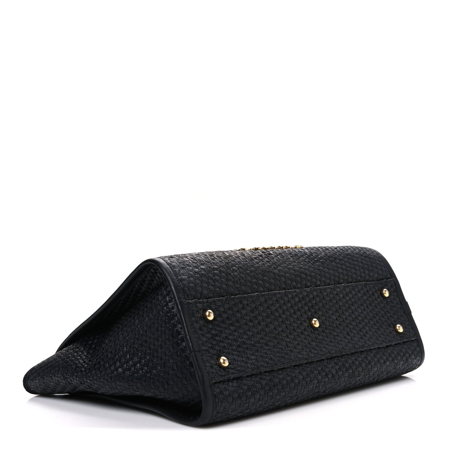 Straw Raffia Calfskin Chain Small Deauville Tote Black