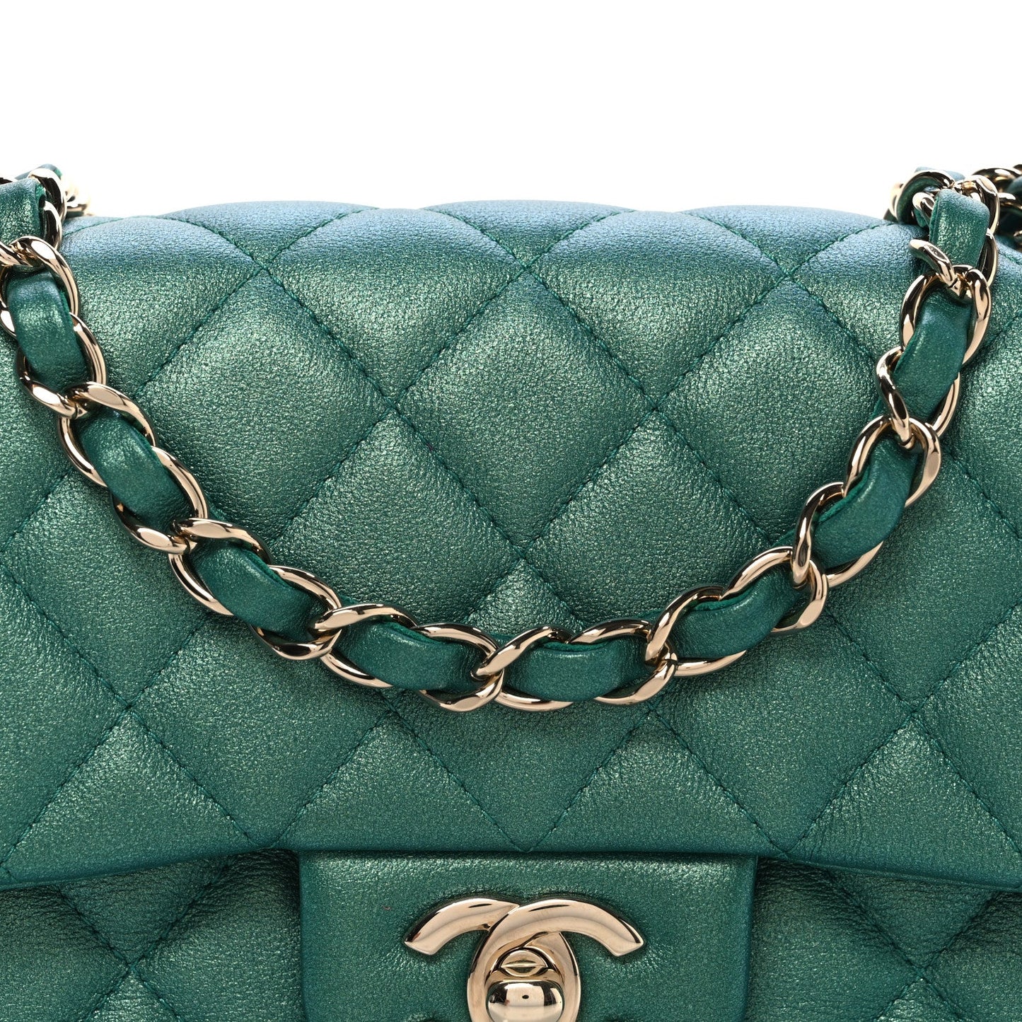 Iridescent Lambskin Quilted Mini Rectangular Flap Green