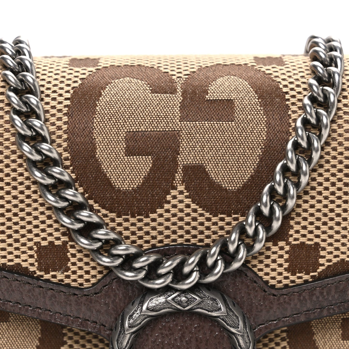 Monogram Jumbo GG Textured Dollar Calfskin Mini Dionysus Chain Wallet Camel Ebony New Acero