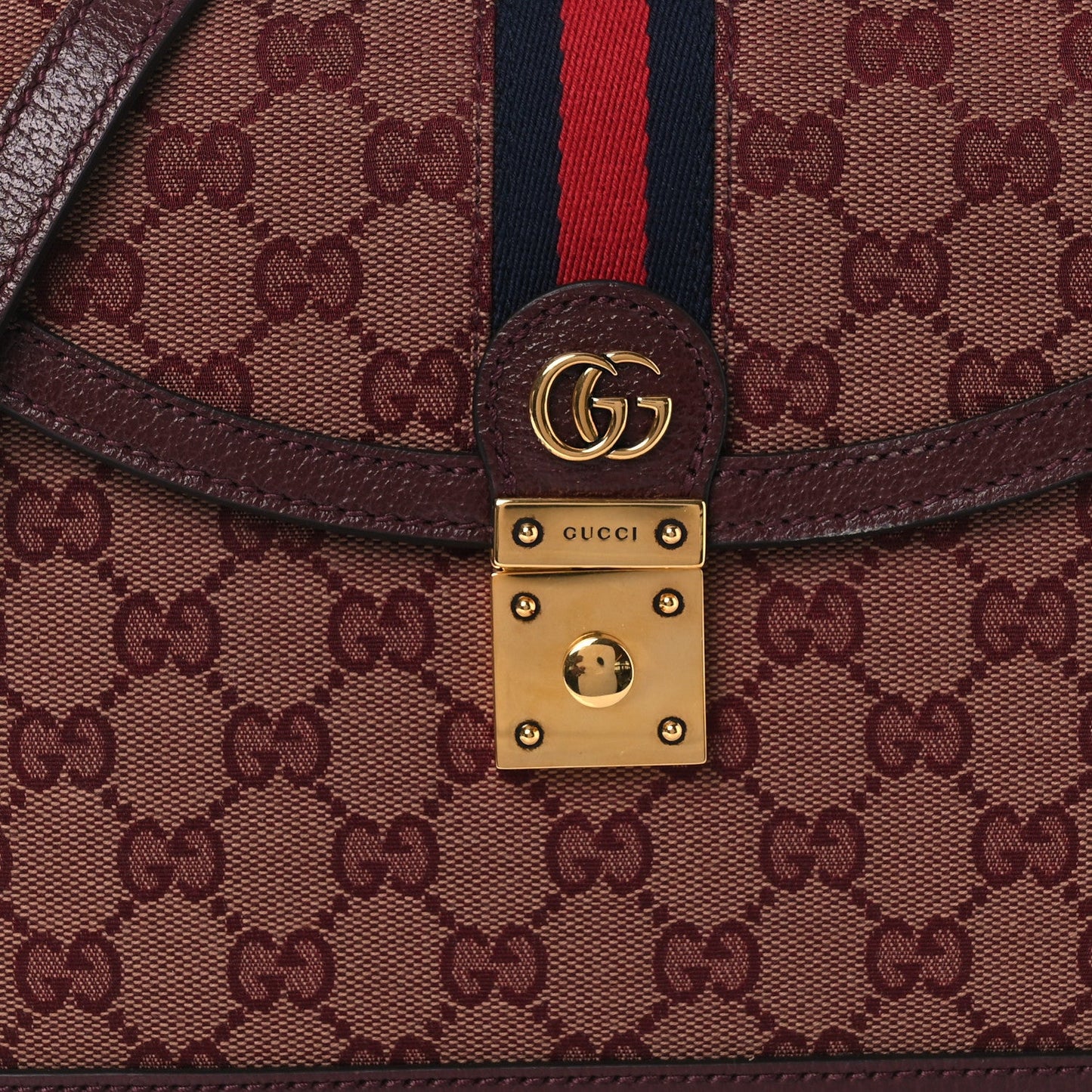 GG Supreme Monogram Textured Dollar Calfskin Web Small Ophidia Padlock Top Handle Bag Bordeaux