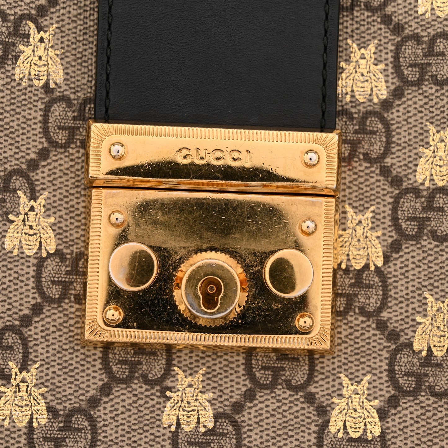 GG Supreme Monogram Bees Small Padlock Tote Beige Oro Black