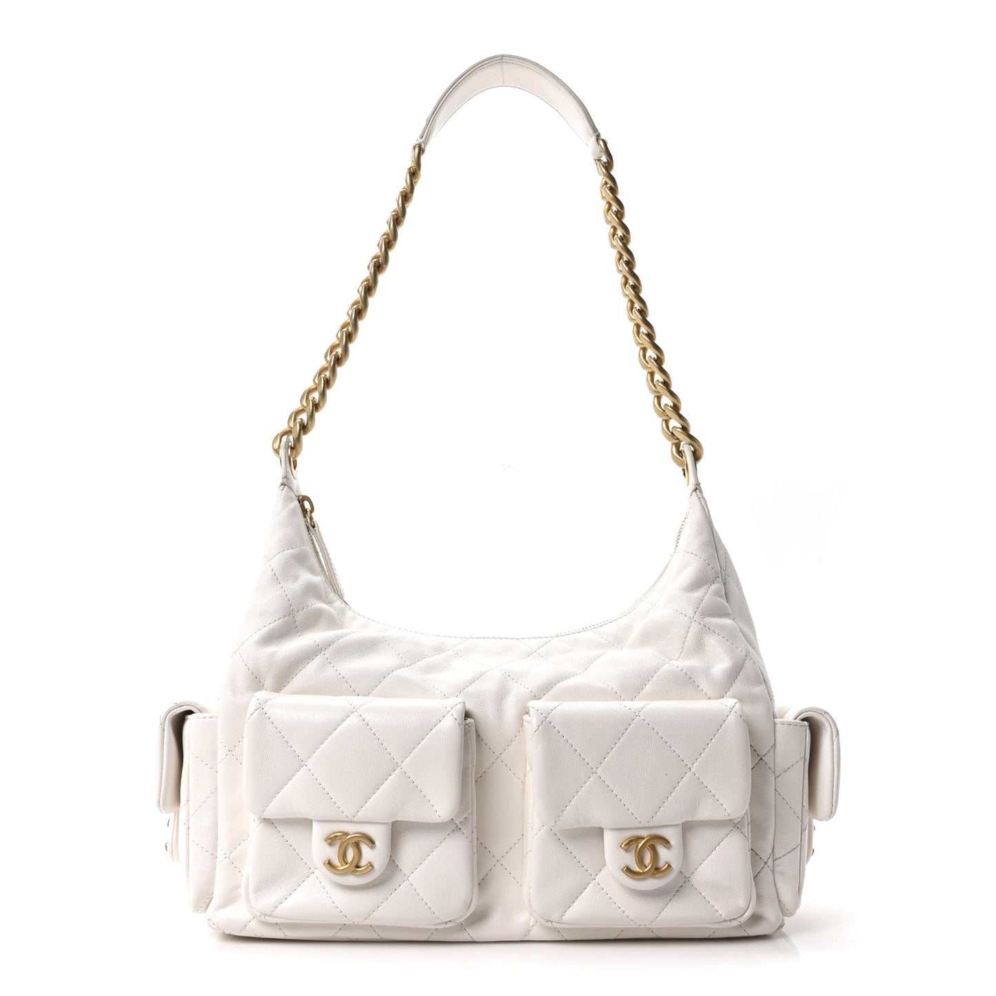 Shiny Lambskin Quilted Trendy Pockets Hobo White
