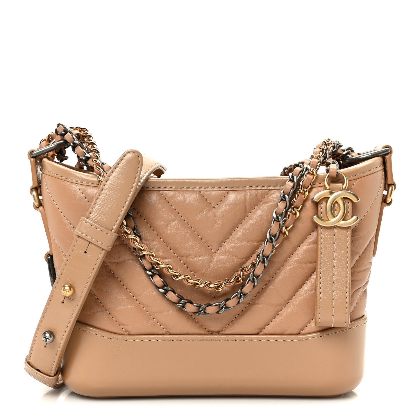 Aged Calfskin Chevron Quilted Small Gabrielle Hobo Beige