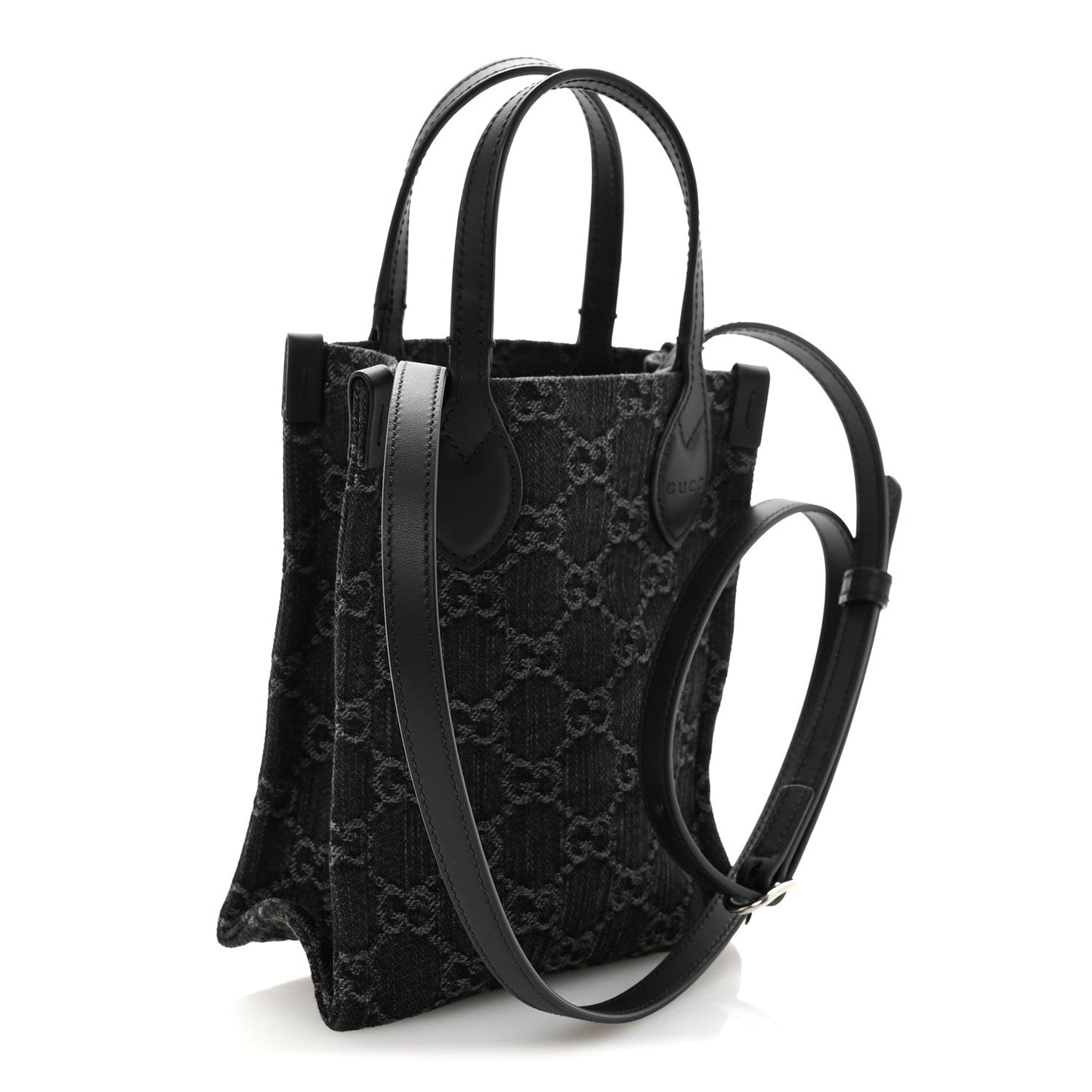 Denim Cuoio Harness GG Monogram Mini Ophidia Tote Bag  Black Medium Grey