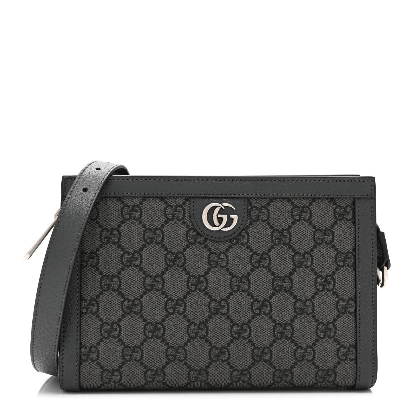 GG Supreme Monogram Textured Dollar Calfskin Web Small Ophidia Shoulder Bag  Grey Black Graphite Grey