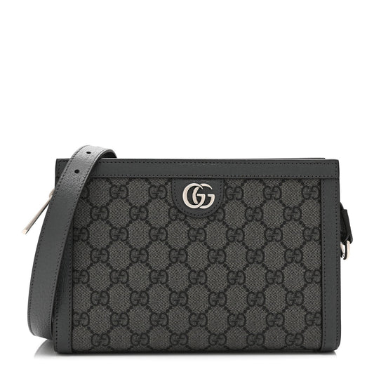 GG Supreme Monogram Textured Dollar Calfskin Web Small Ophidia Shoulder Bag  Grey Black Graphite Grey