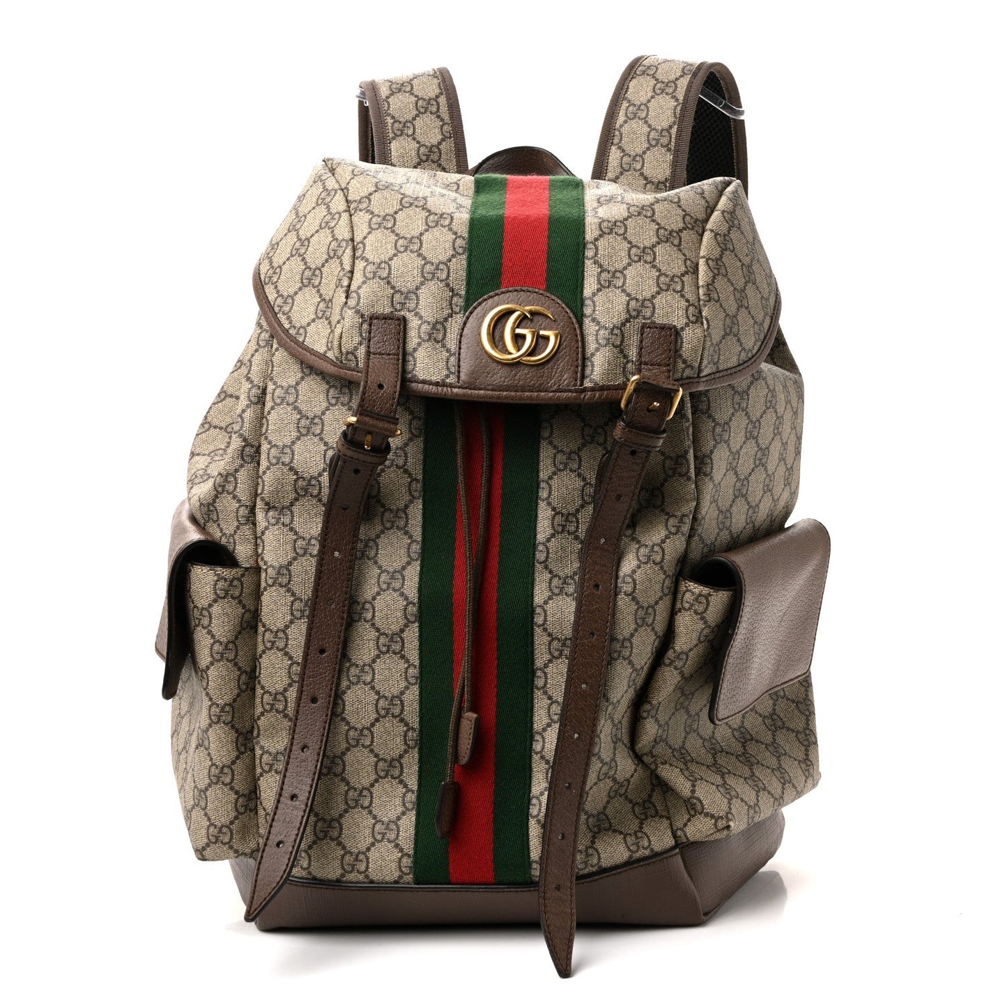 GG Supreme Monogram Medium Ophidia Double Buckle Backpack Brown