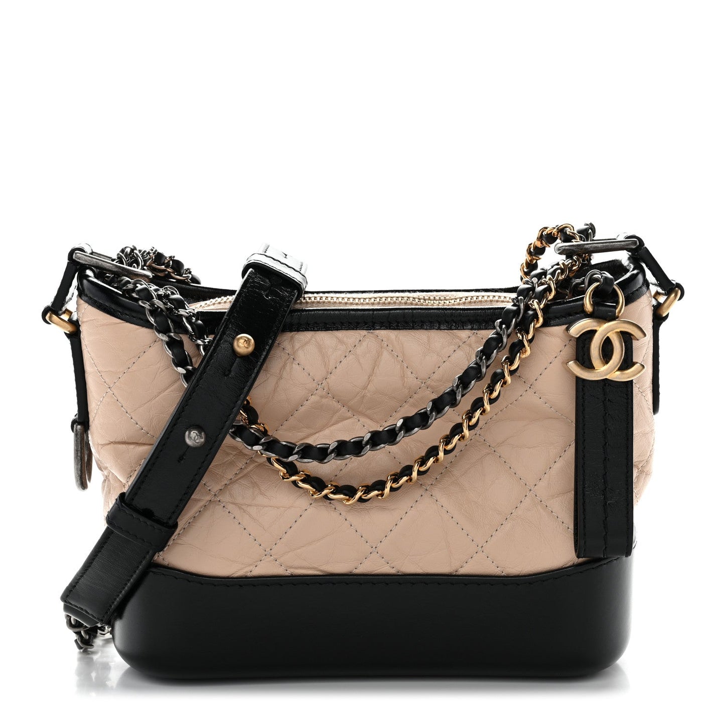 Aged Calfskin Quilted Small Gabrielle Hobo Beige Black