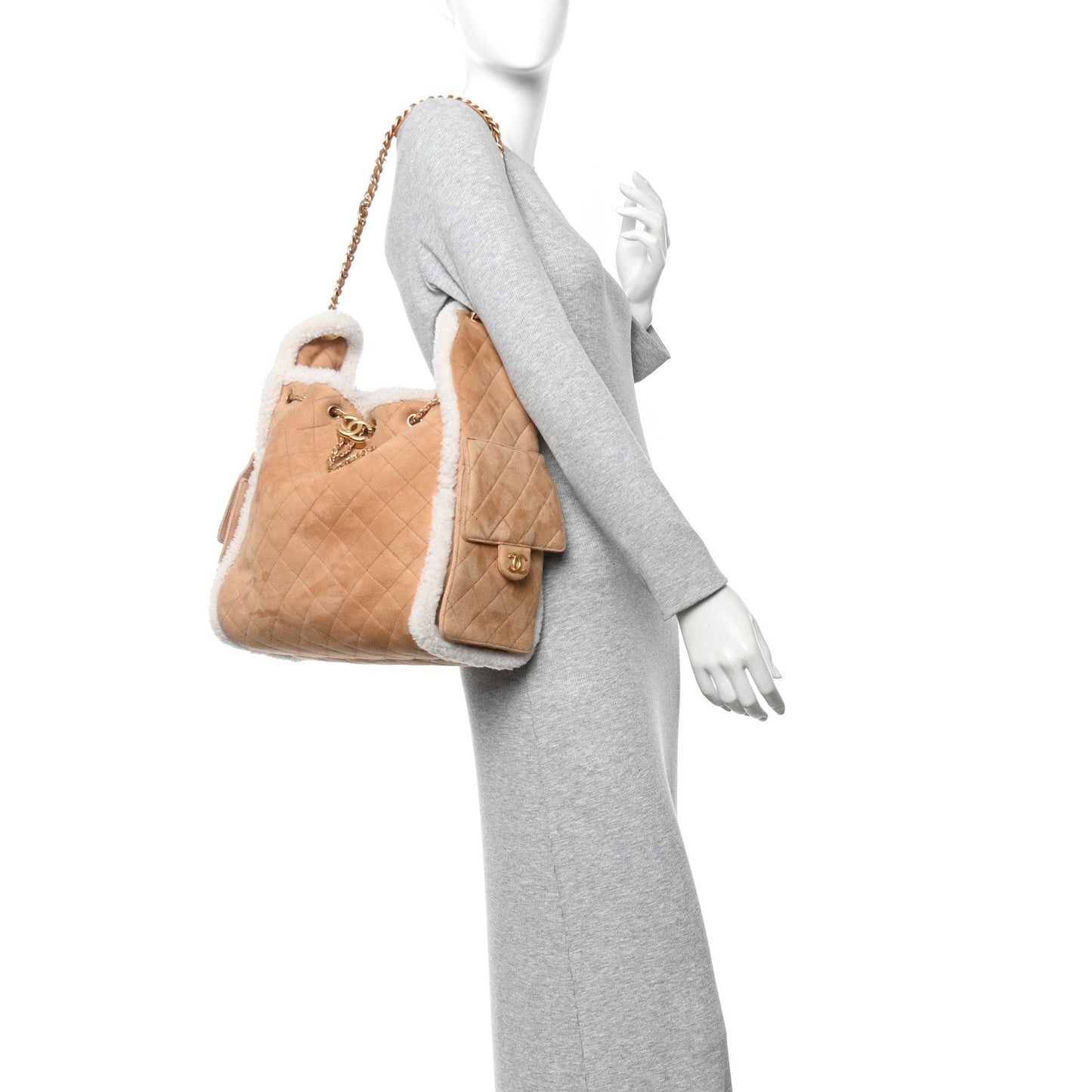 Suede Shearling Quilted Medium Chanel 25 Handbag Beige Natural