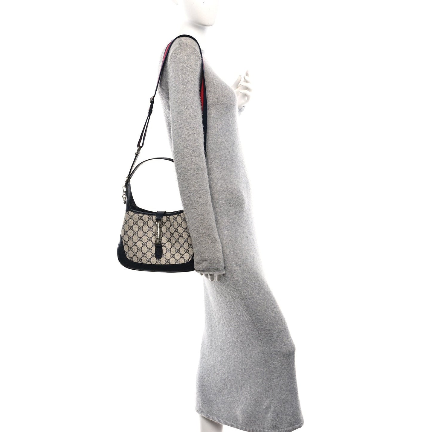 GG Supreme Monogram Textured Dollar Calfskin Web Small Jackie 1961 Hobo Beige Blue