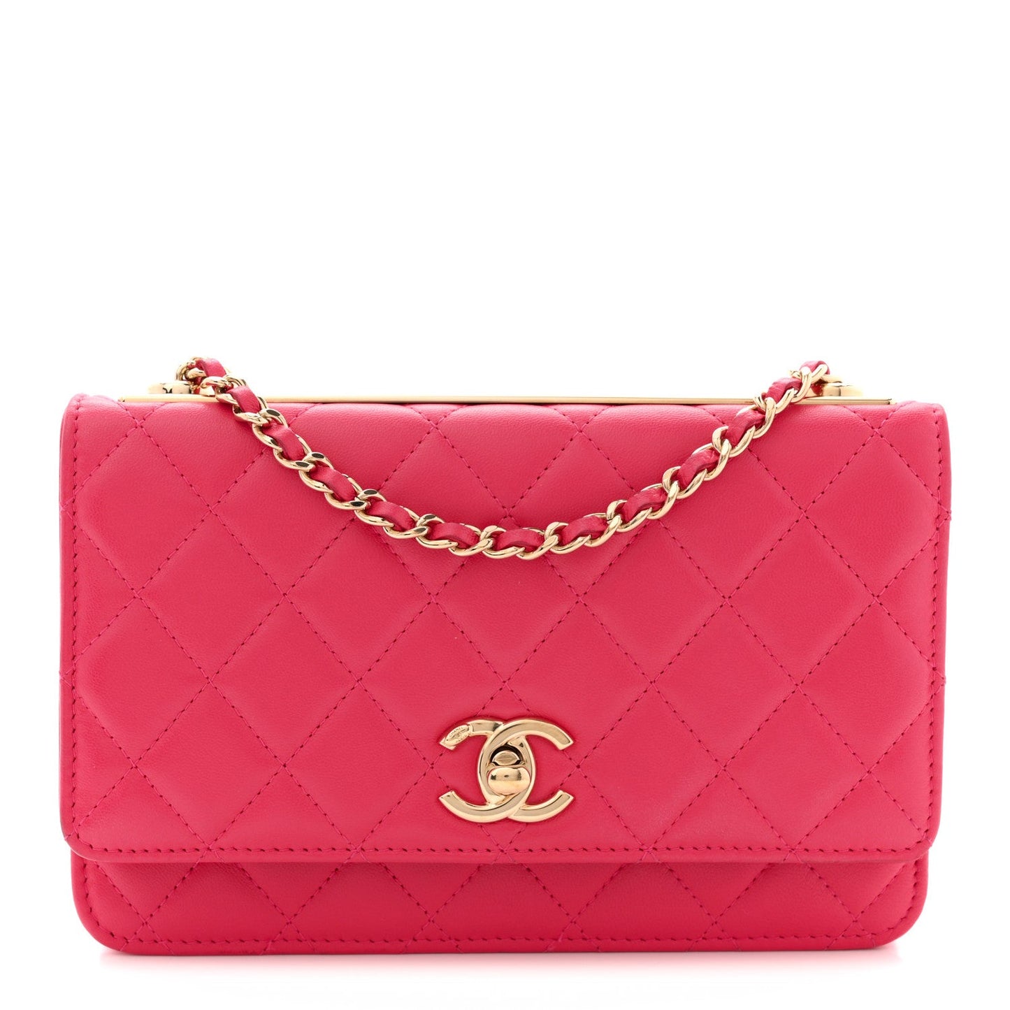 Lambskin Quilted Trendy CC Wallet On Chain WOC Dark Pink
