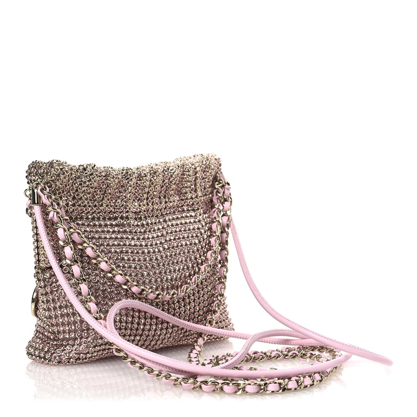 Crystal Embellished Metallic Lambskin Mini Chanel 22 Light Pink