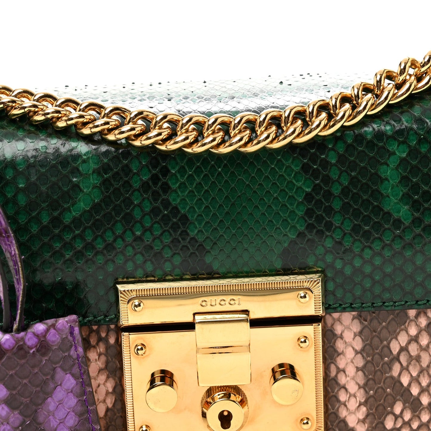 Snakeskin Small Padlock Shoulder Bag Green Pink Purple