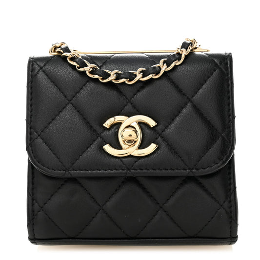 Lambskin Quilted Trendy CC Card Holder On Chain Black