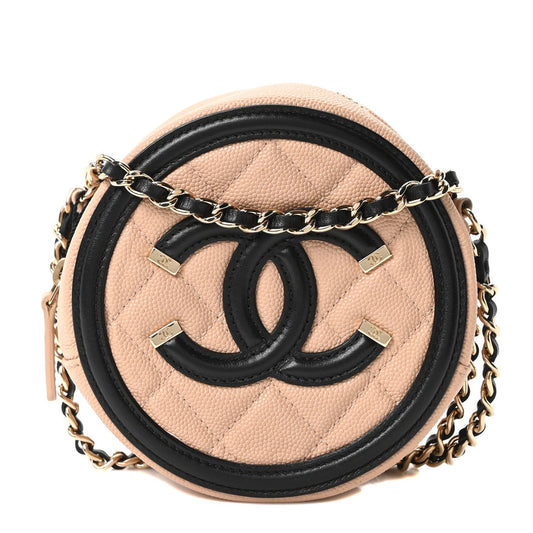 Caviar Quilted Round Filigree Crossbody Beige Black