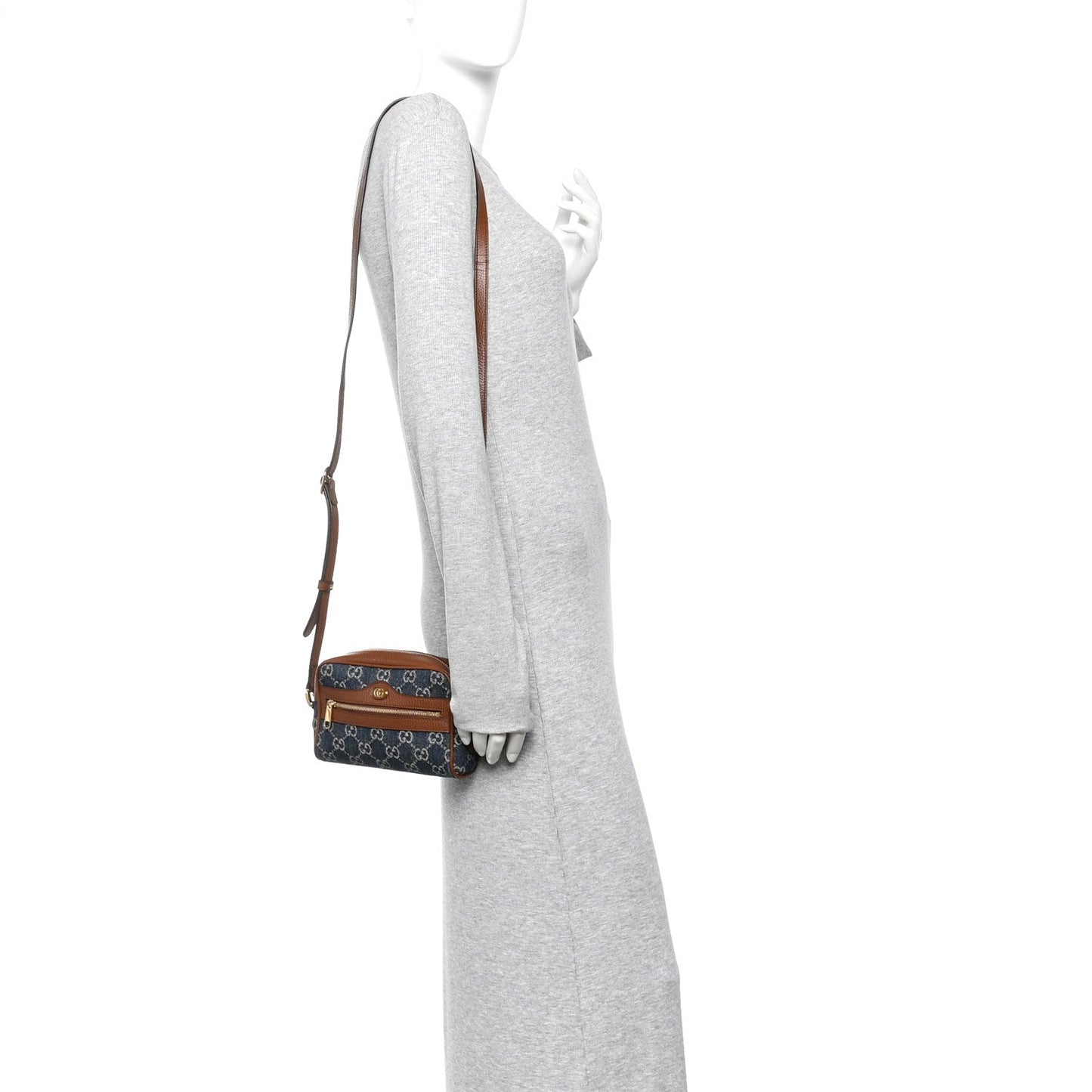 New Denim GG Monogram Dollar Calfskin Mini Ophidia Shoulder Bag Blue Tea Cuir Epilog