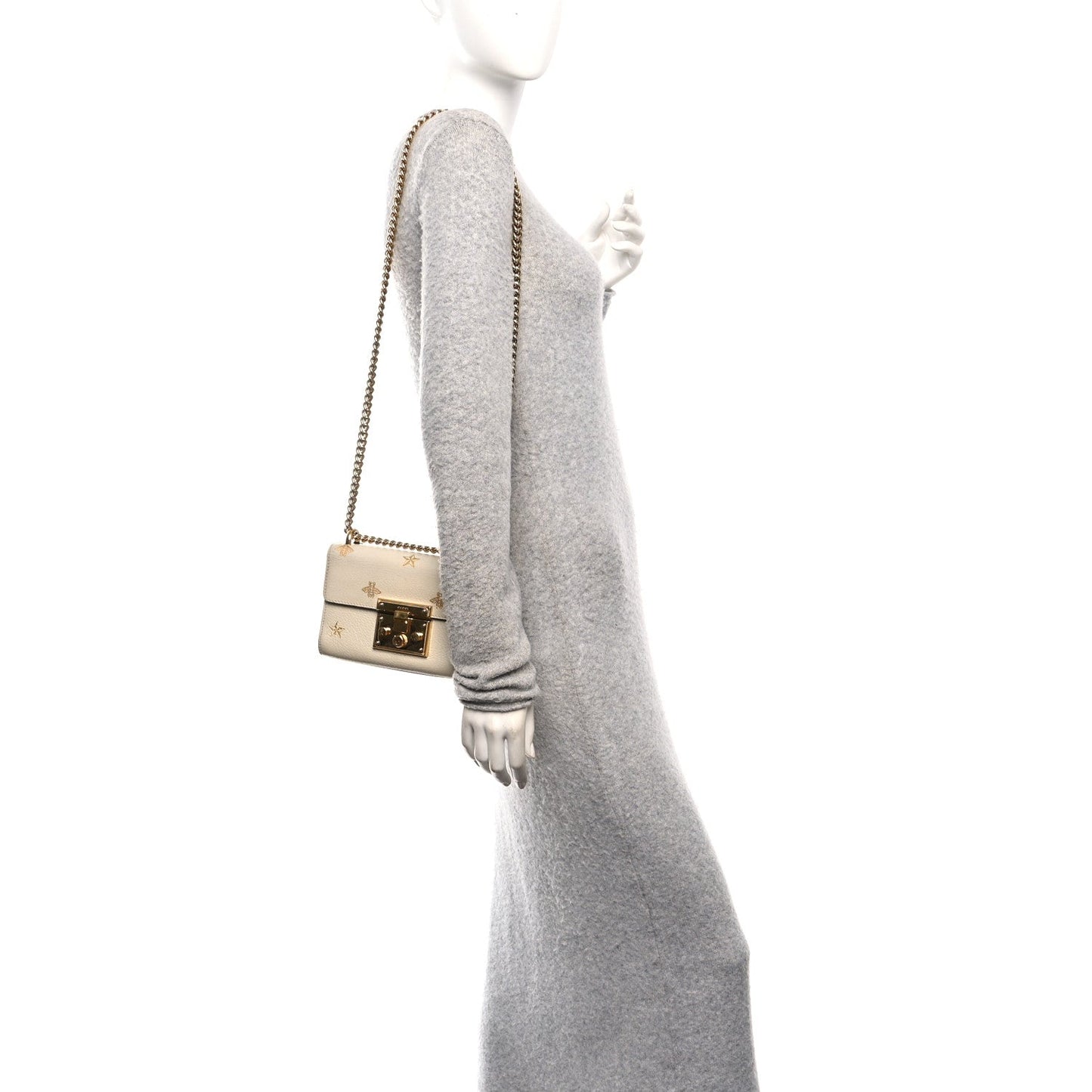Grained Calfskin Bee Star Small Padlock Shoulder Bag White
