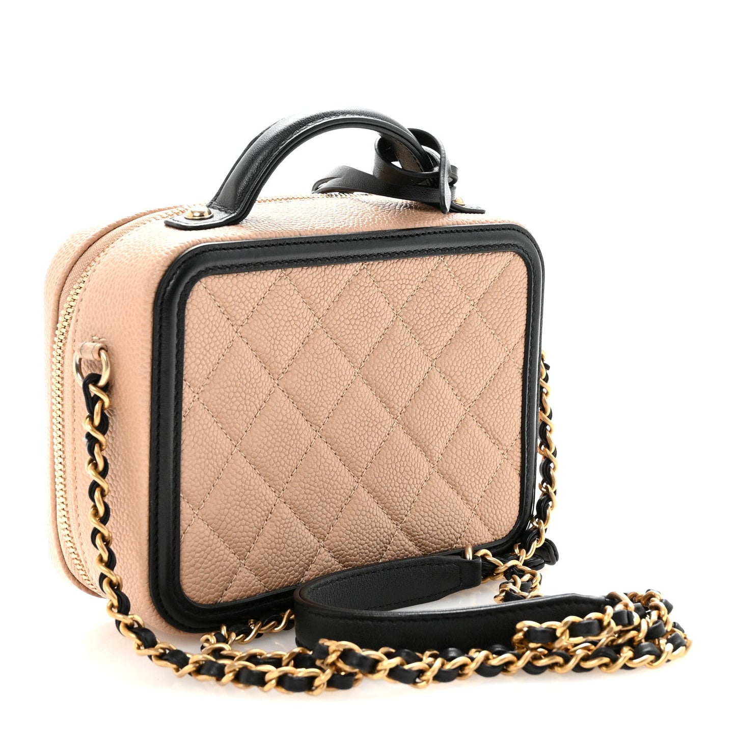 Caviar Quilted Small CC Filigree Vanity Case Beige Black