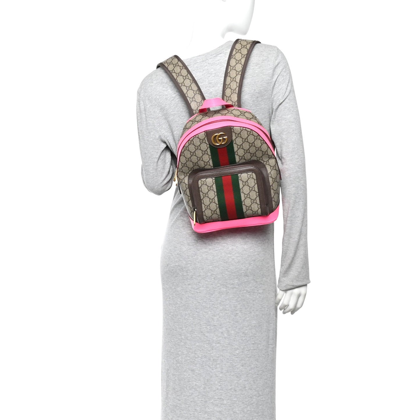 GG Supreme Monogram Textured Dollar Calfskin Web Small Ophidia Day Backpack Beige Ebony Fluorescent Fuchsia