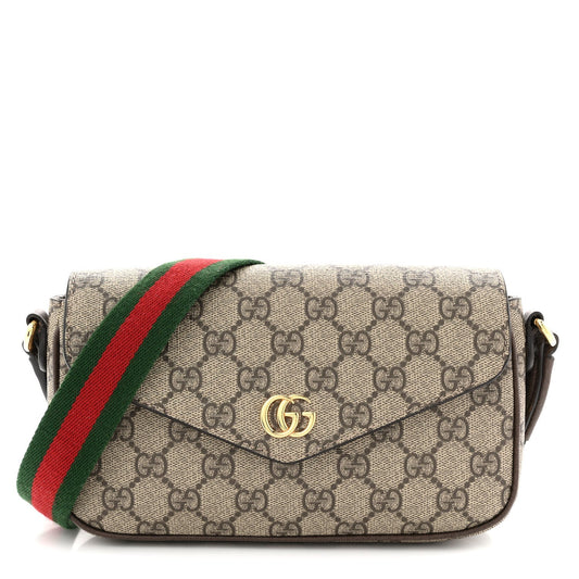GG Supreme Monogram Textured Dollar Calfskin Web Mini Ophidia Envelope Shoulder Bag Beige Ebony