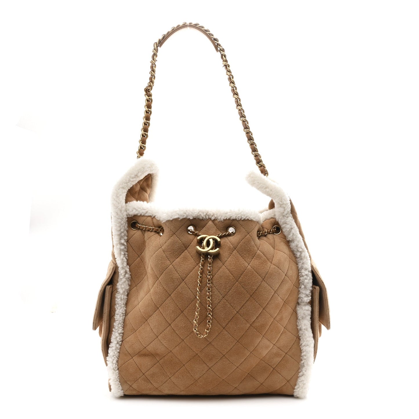 Suede Shearling Quilted Medium Chanel 25 Handbag Beige Natural