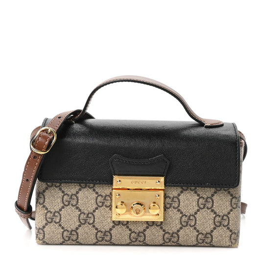 GG Supreme Monogram Calfskin Mini Padlock Top Handle Shoulder Bag Beige Black Cuir