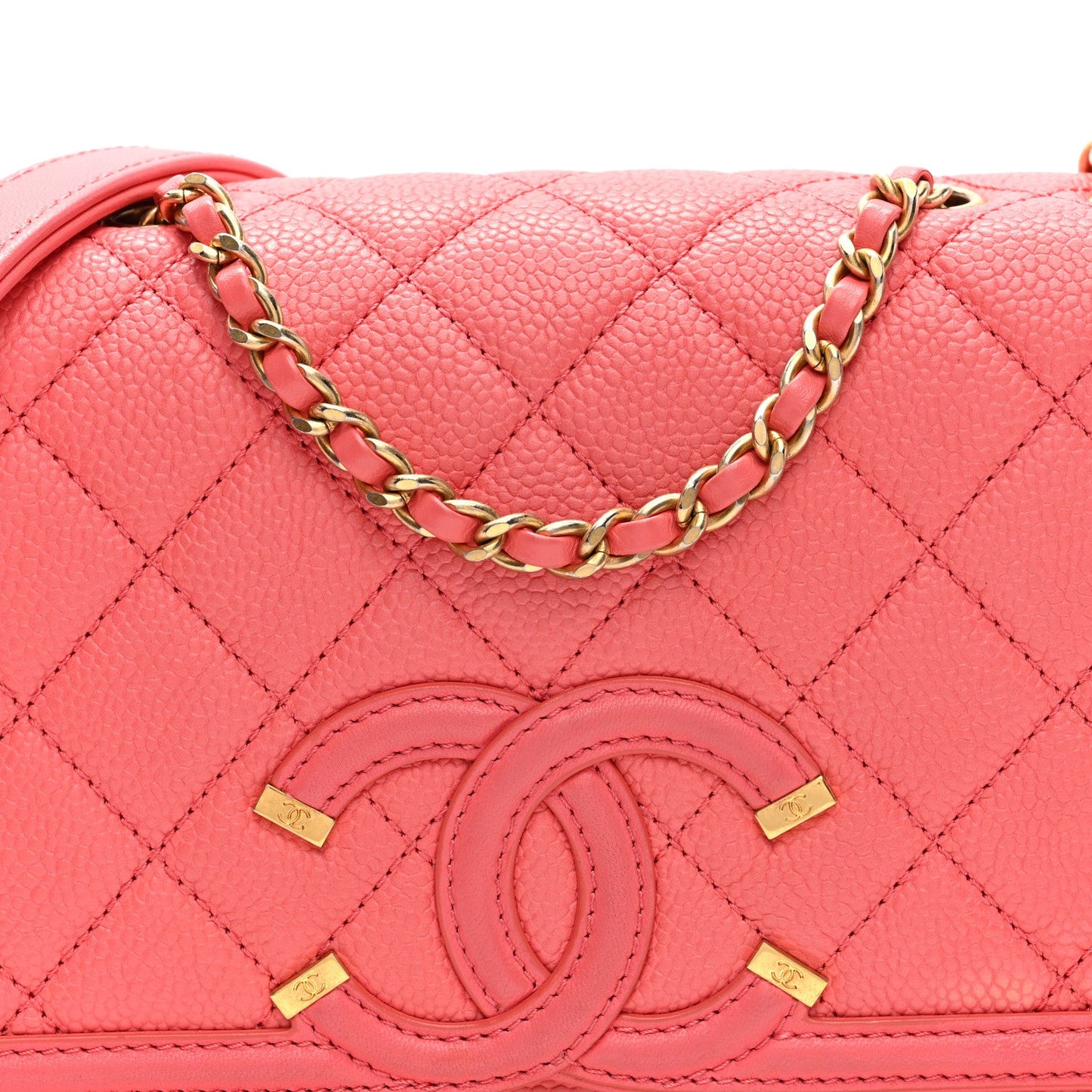 Caviar Quilted Small CC Filigree Flap Coral