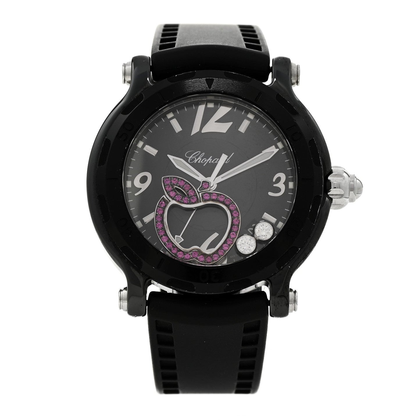Stainless Steel Rubber Diamond Pink Sapphire 38mm Happy Sport Apple Quartz Watch Black