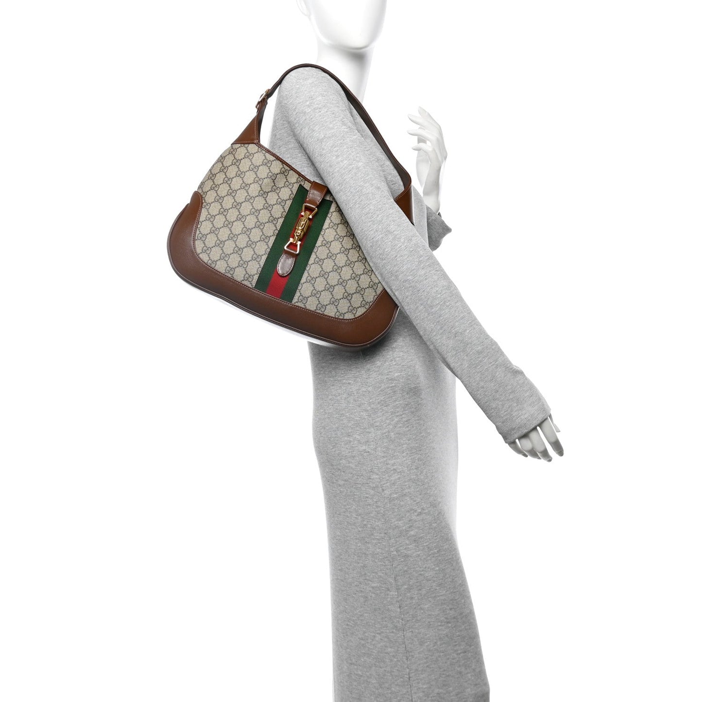 GG Supreme Monogram Azalea Calfskin Web Medium Jackie 1961 Hobo Beige Ebony Brown Sugar