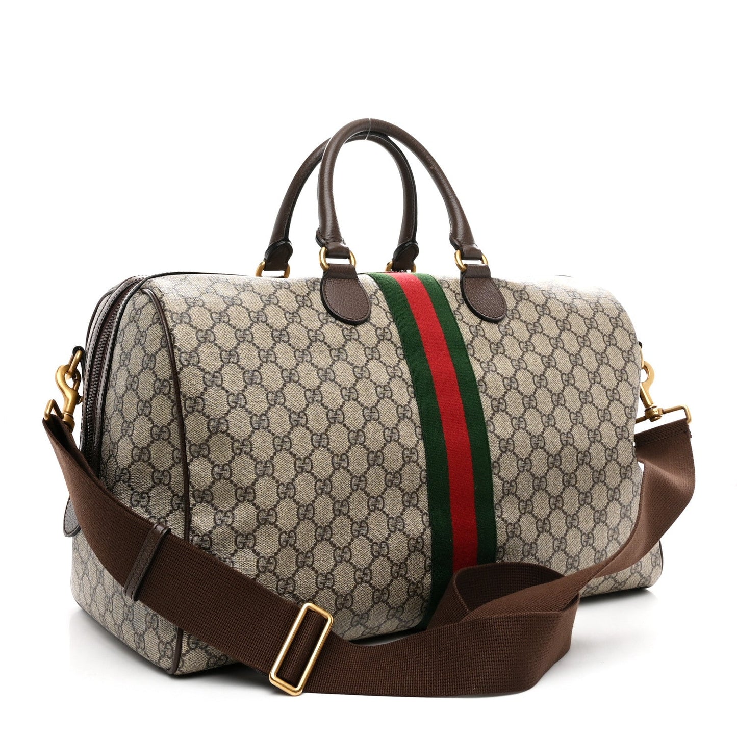 GG Supreme Monogram Textured Dollar Calfskin Web Medium Ophidia Carry-On Duffle Bag Beige Ebony New Acero
