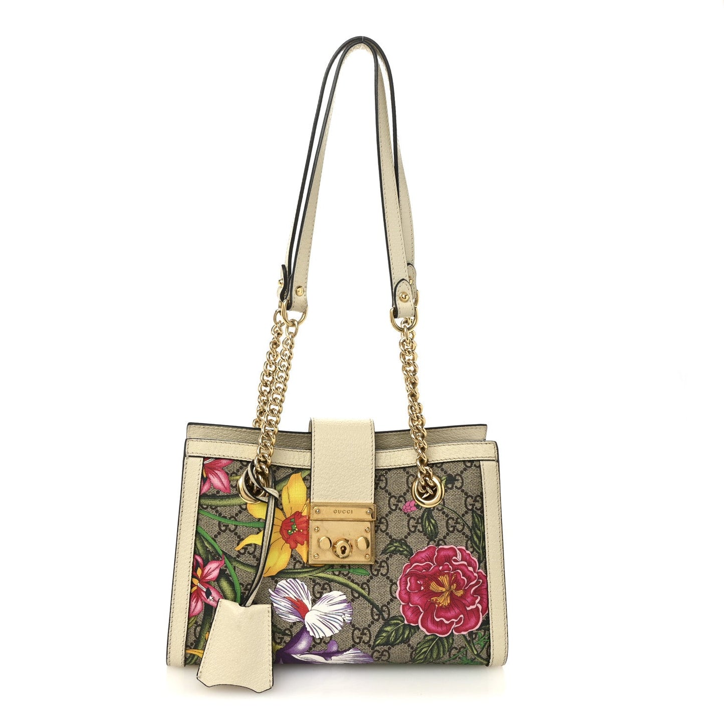 GG Supreme Monogram Flora Textured Calfskin Small Padlock Tote Beige Ebony Multicolor Mystic White
