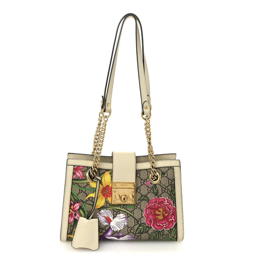 GG Supreme Monogram Flora Textured Calfskin Small Padlock Tote Beige Ebony Multicolor Mystic White