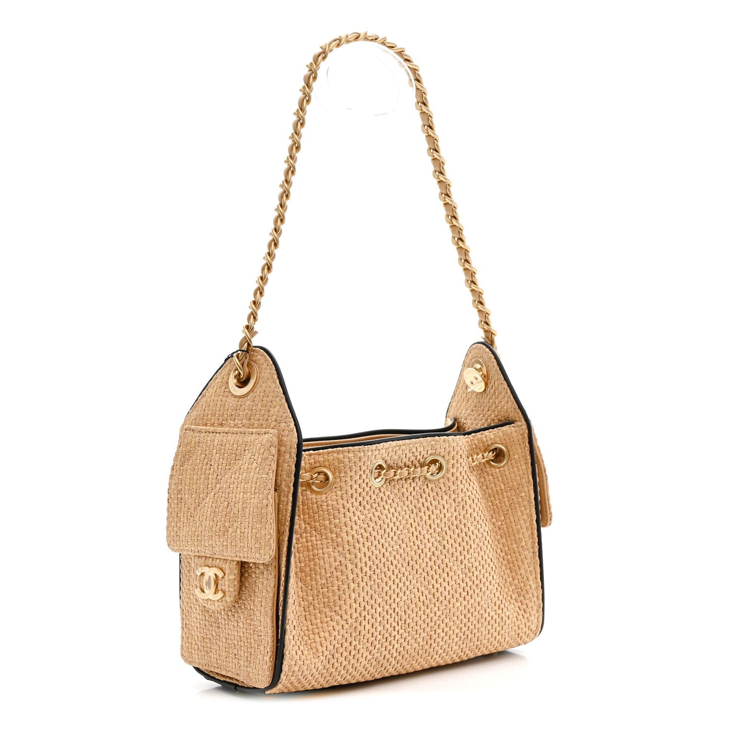 Braided Raffia Calfskin Quilted Mini Chanel 25 Handbag Beige Black